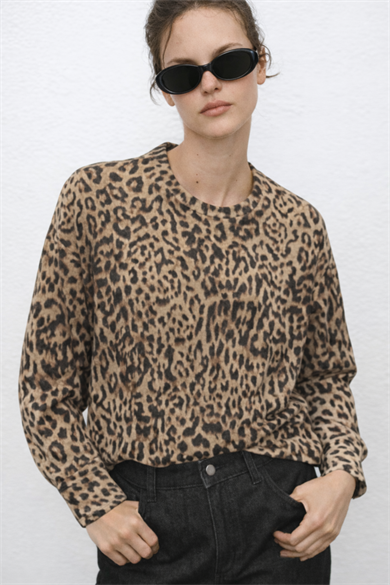Corinna, Bisiklet Yaka Leopar Desenli Geri Dönüştürülmüş Polyesterli Sweatshirt 