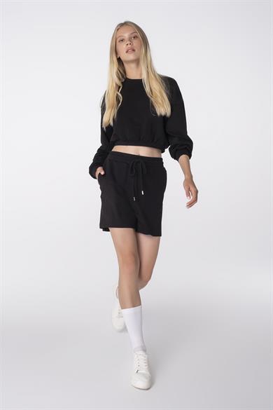 Faye, Uzun Kollu, Organik Kumaşlı, Siyah Cropped Sweatshirt