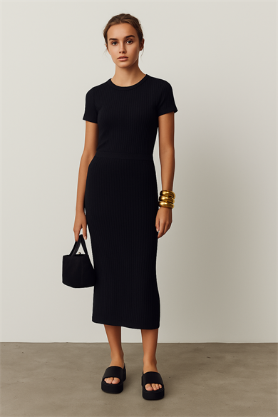 Gianna Skirt, Ecovero Vikon ile Geri Dönüştürülmüş Polyester Karışımlı Ribana Lastikli Midi Etek