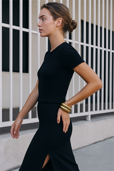 Gianna Skirt, Ecovero Vikon ile Geri Dönüştürülmüş Polyester Karışımlı Ribana Lastikli Midi Etek