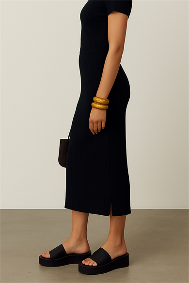 Gianna Skirt, Ecovero Vikon ile Geri Dönüştürülmüş Polyester Karışımlı Ribana Lastikli Midi Etek