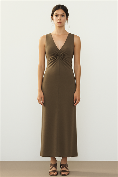 IVY DRESS, Ecovero Viskonlu, Sürdürülebilir Bel Burgu Detaylı, Kolsuz Maxi Elbise