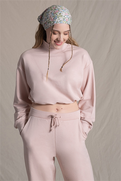 Kate, Büzgü Detaylı, Organik Kumaşlı, Pudra Renkli, Cropped Sweatshirt