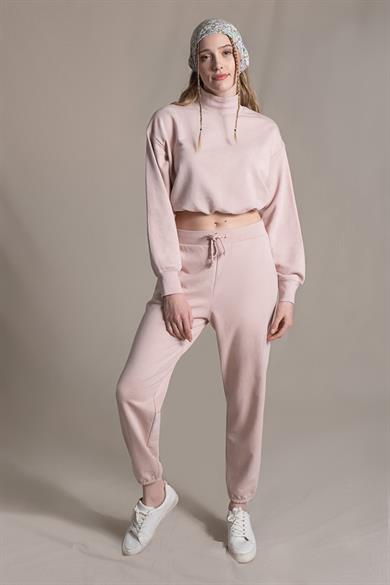 Kate, Büzgü Detaylı, Organik Kumaşlı, Pudra Renkli, Cropped Sweatshirt