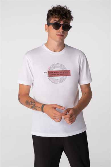 Love Circle, Organik Kumaşlı, Bisiklet Yaka Baskı Detaylı Unisex Beyaz T-shirt
