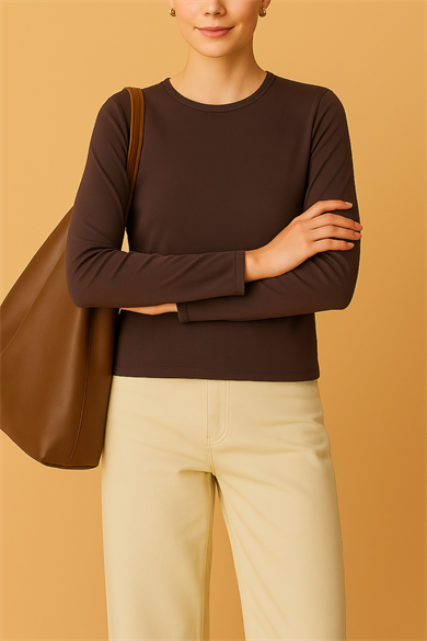 Monica, Bisiklet Yaka Organik Pamuklu Uzun Kollu T-shirt