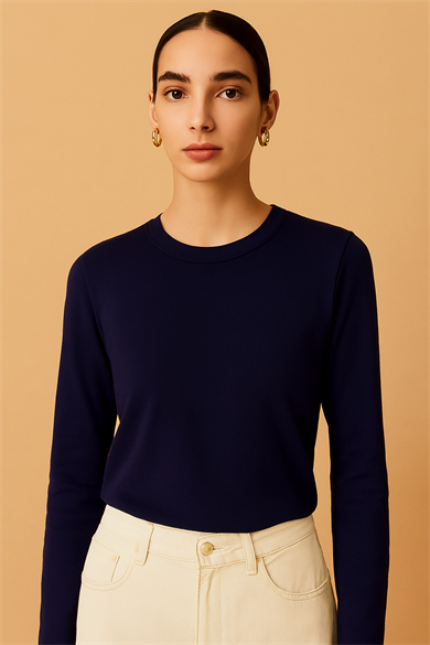 Monica, Bisiklet Yaka Organik Pamuklu Uzun Kollu T-shirt