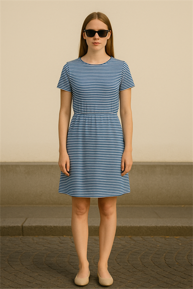 THEA DRESS, 100% Ecovero Viskonlu Çizgili Kısa Kollu Elbise
