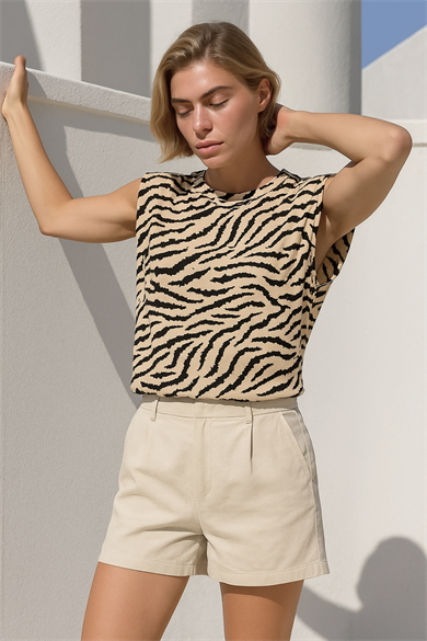 Vegas Top, Organik Pamuklu Zebra Desenli Düşük Omuzlu T-shirt