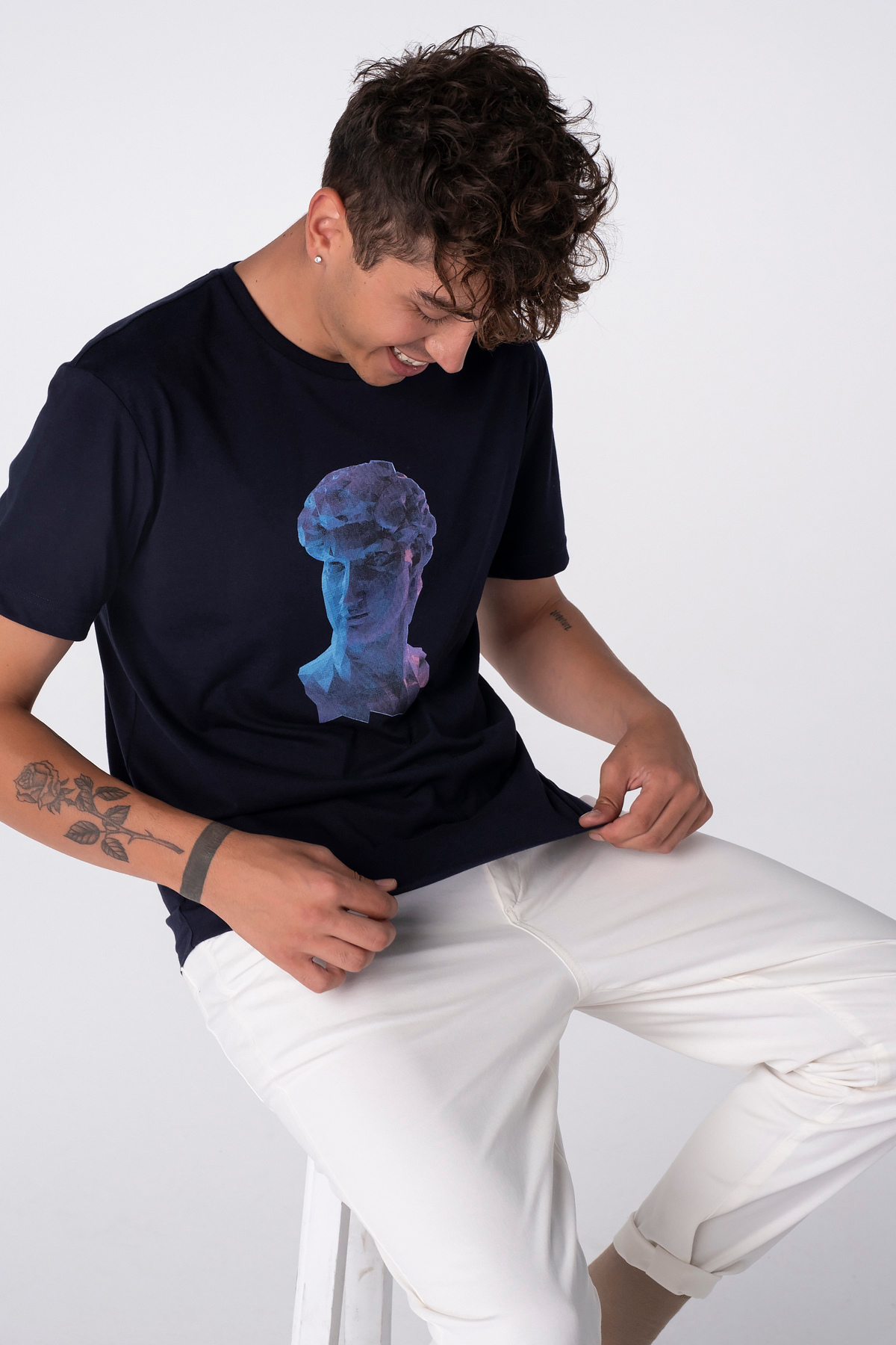 Archie, 3D Baskılı, Organik Kumaşlı, Bisiklet Yaka Lacivert T-shirt