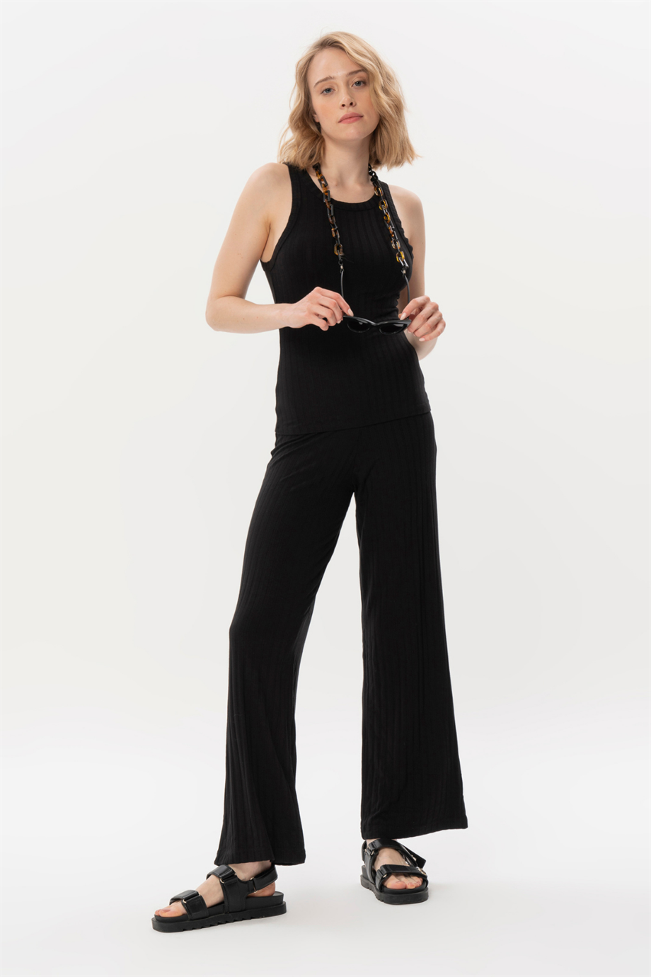 Bella Pants Sürdürülebilir Kumaşlı, Bol Paça, Siyah Ribana Pantolon