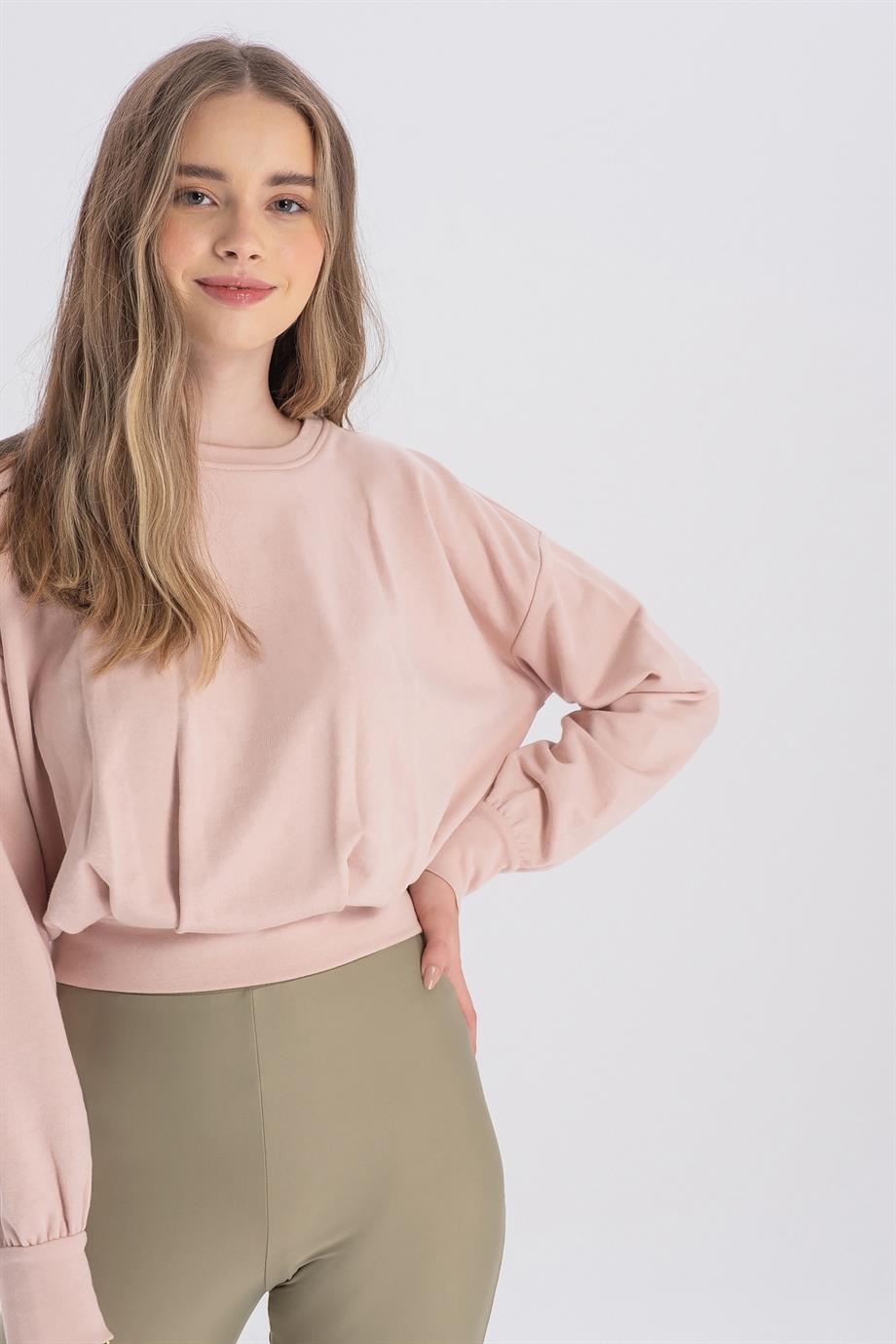 Eva, Organik Kumaşlı, Pileli, Pudra Renk, Cropped Sweatshirt