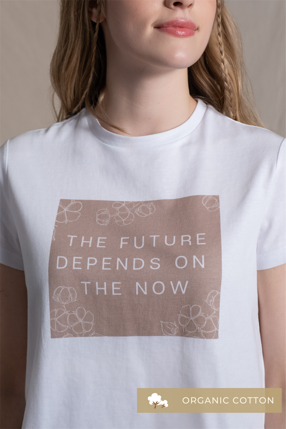 Talia, Baskı Detaylı, Organik Kumaşlı, Beyaz Cropped T-Shirt