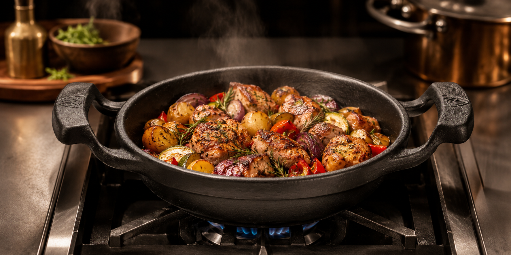 Two-handle cast iron cookware with food cooking inside