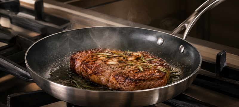 Frying pan with steak cooking on a professional stovetop