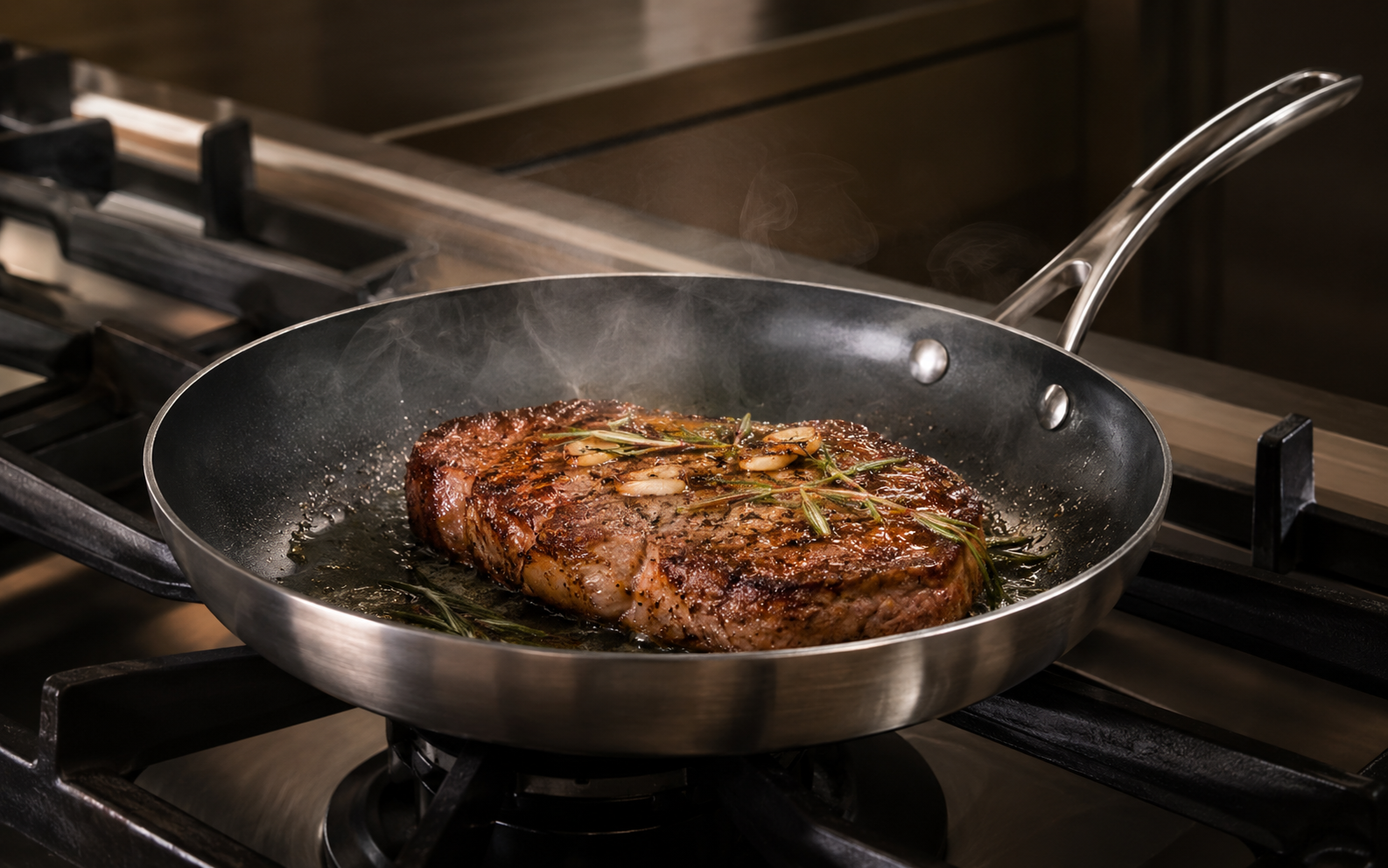 Frying pan with steak cooking on a stovetop