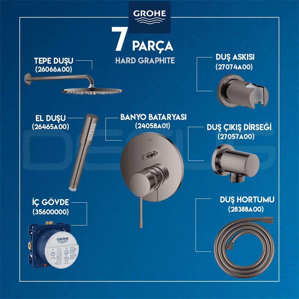 GROHE ESSENCE ANKASTRE SET HARD GRAPHITE + 26066A00 + 26465A00 + 27074A00 + 27057A00 + 28388A00 + 24058A01 + 35600000