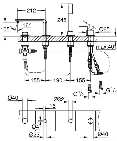 Grohe Lineare Dört Delikli Küvet Bataryası - 19577001