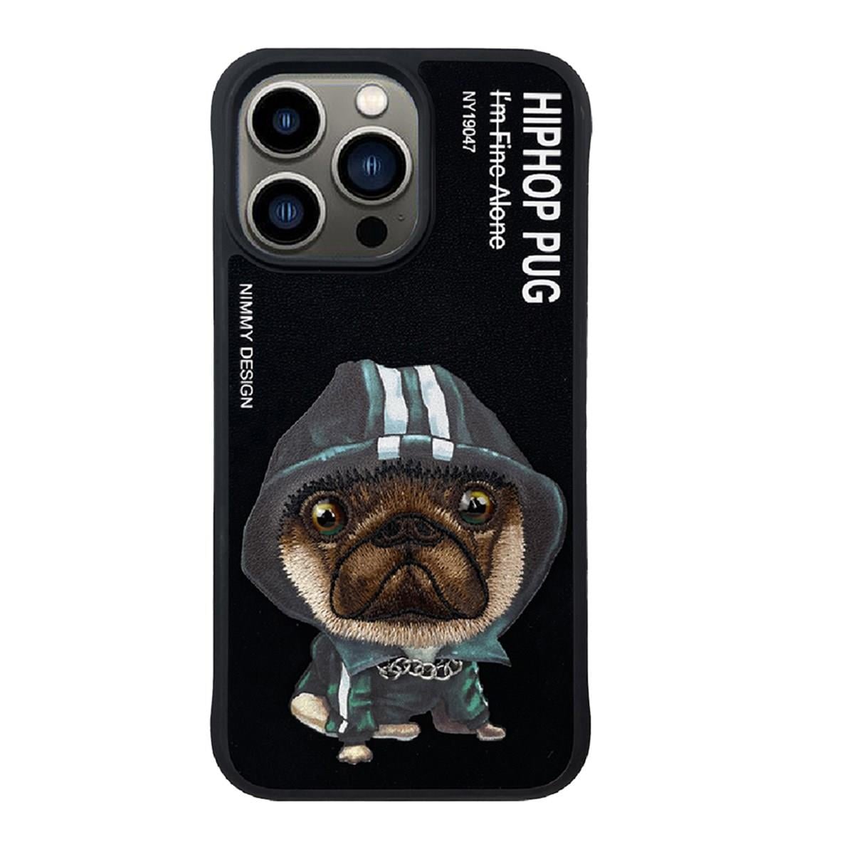 iP 14 Pro Max HipHop Serisi PUG Nakış işlemeli Zincir Detaylı Kılıf Siyah