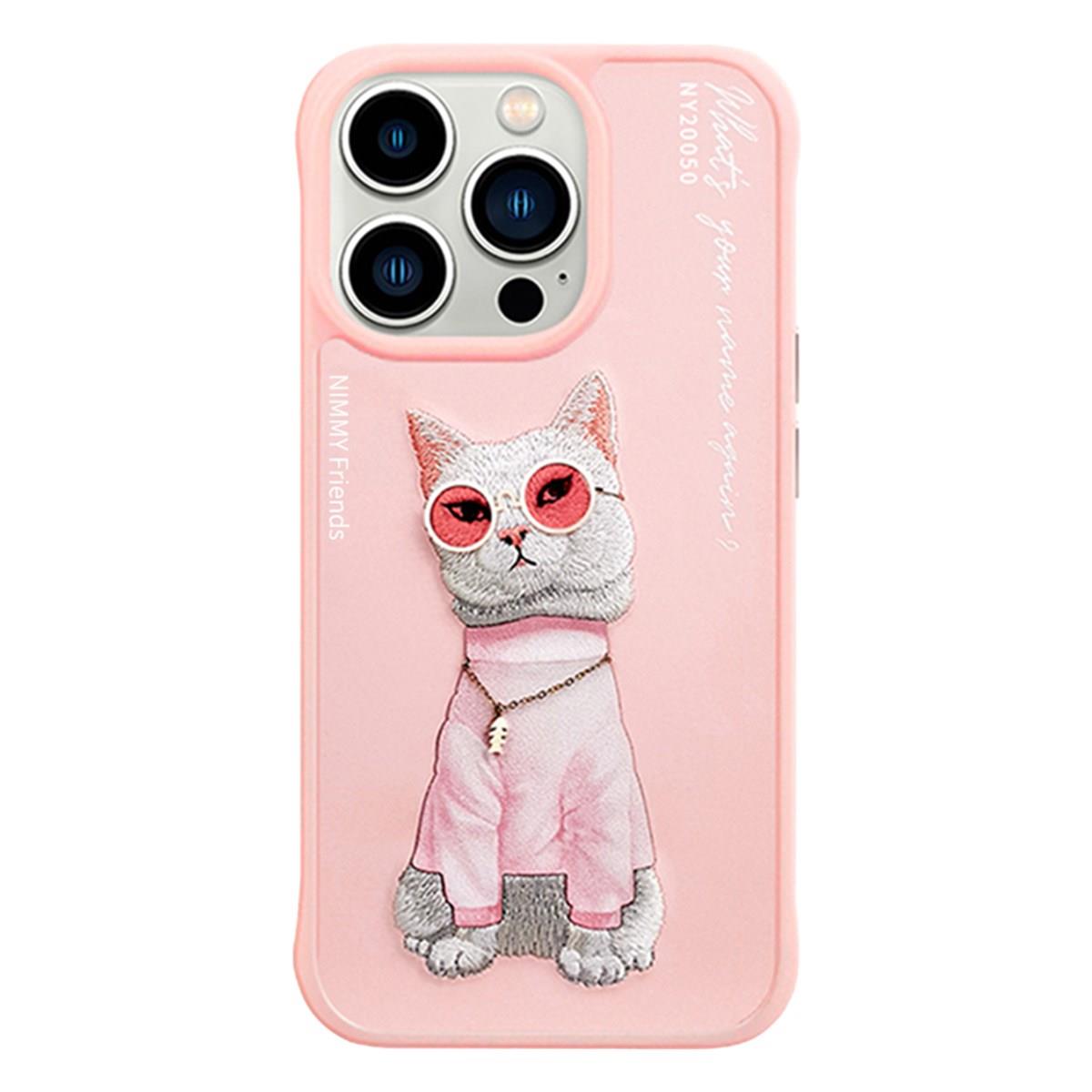 iP 14 Pro Cat Serisi Kedi Nakış işlemeli Detaylı Kılıf Pembe