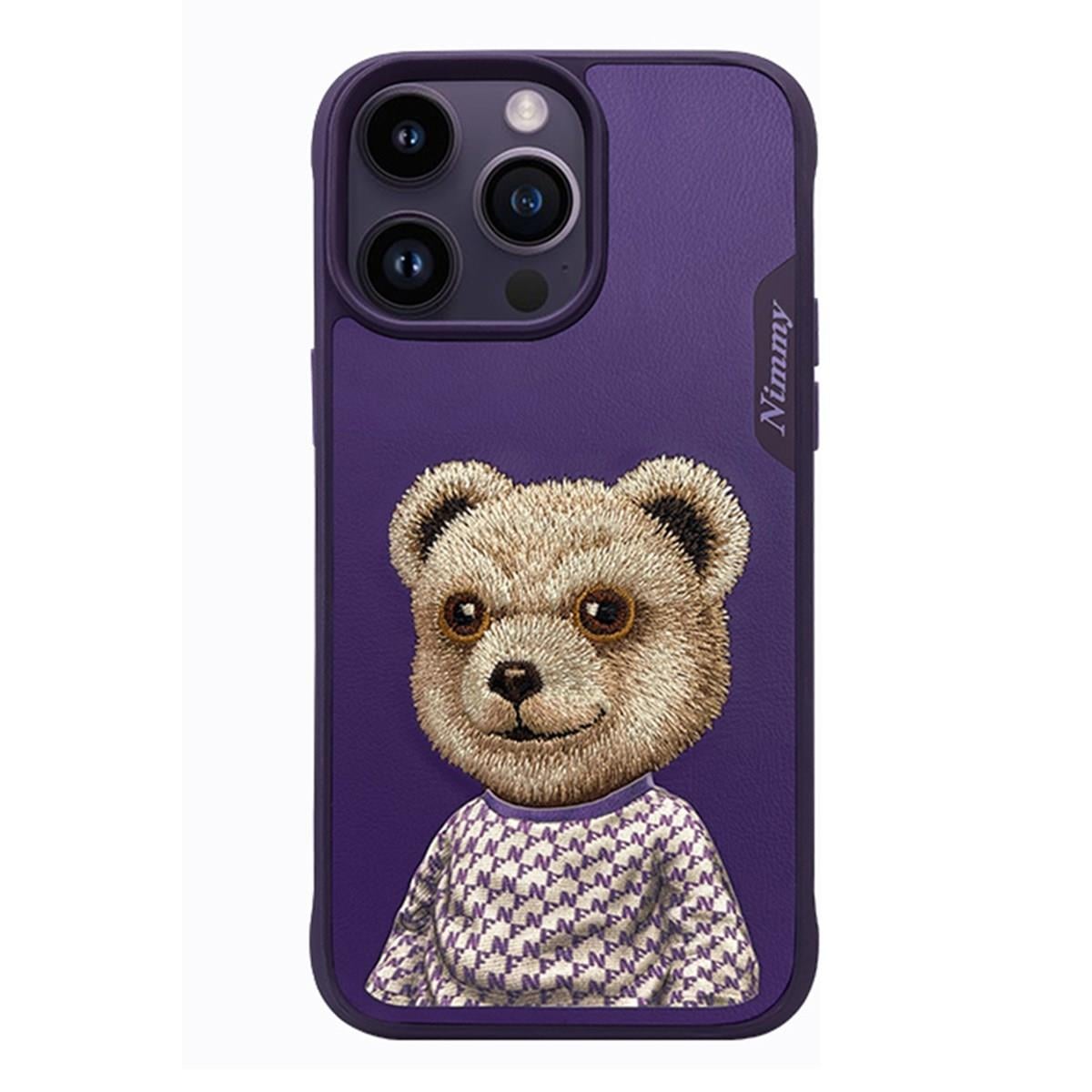 iP 15 Bear Serisi Nakış işlemeli Detaylı 3D Kılıf Mor