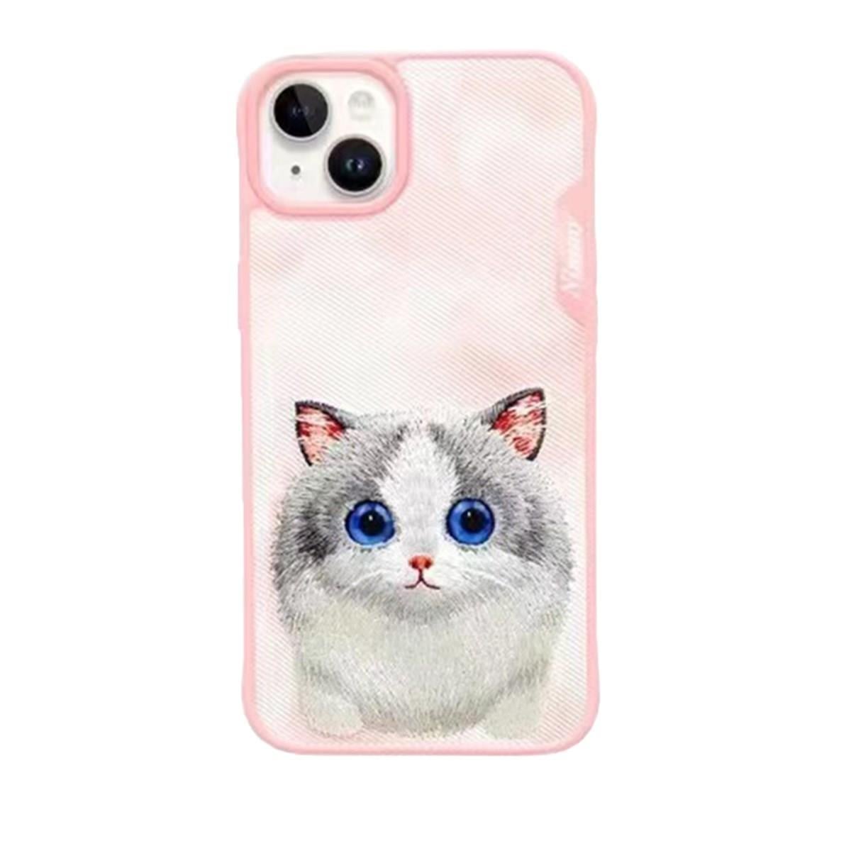 iP 15 Big Eyes Serisi Kedi Nakış Işlemeli 3D Detaylı Kılıf Pembe