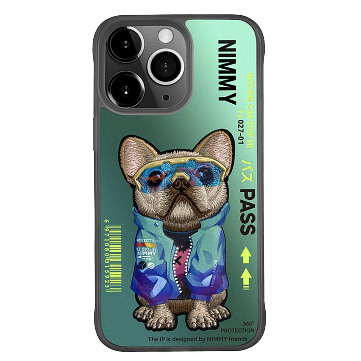 iP 15 Pro Max Dog Series Köpek Nakış Işlemeli Gözlük Detaylı 3D Kılıf Yeşil