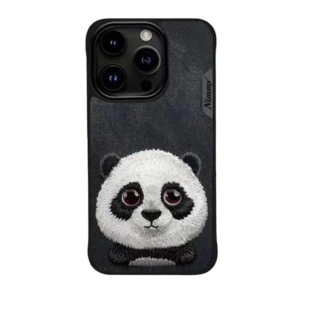 iP 15 Pro Max Panda Serisi Nakış işlemeli Detaylı 3D Kılıf Siyah