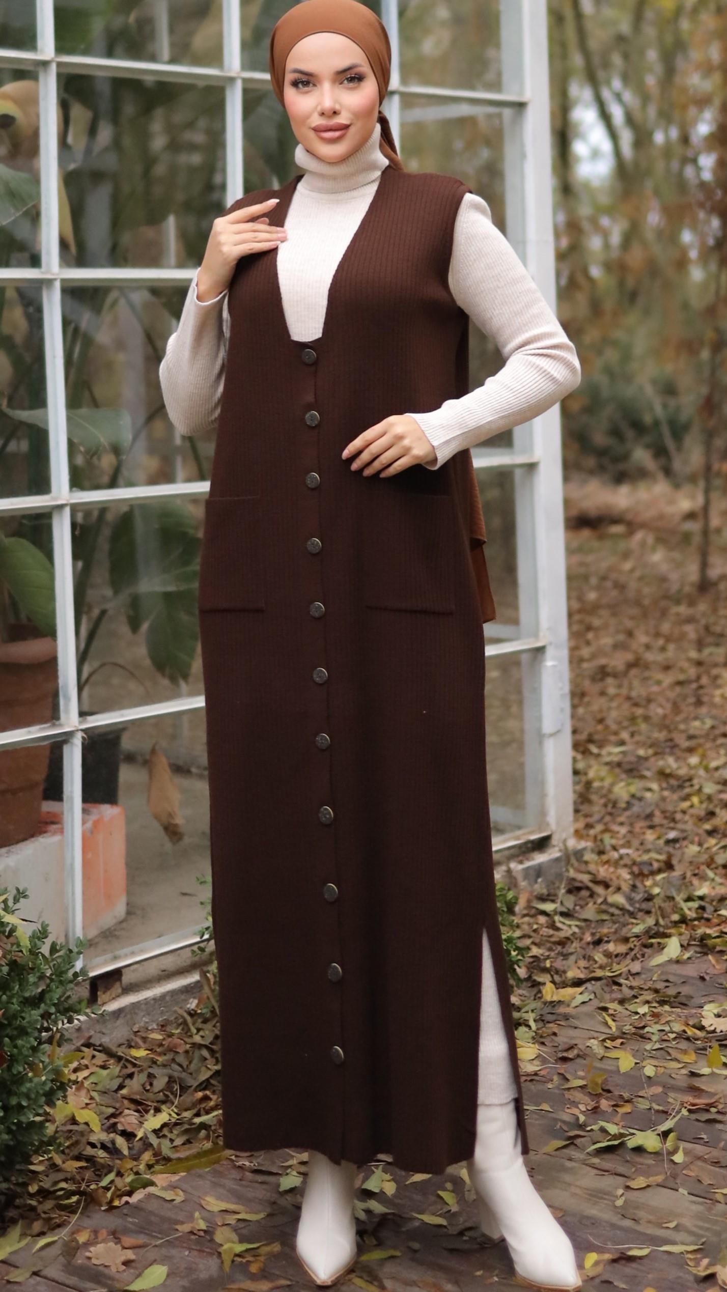 Acı Kahve Düğmeli Ve Cepli Uzun Yelek 18201