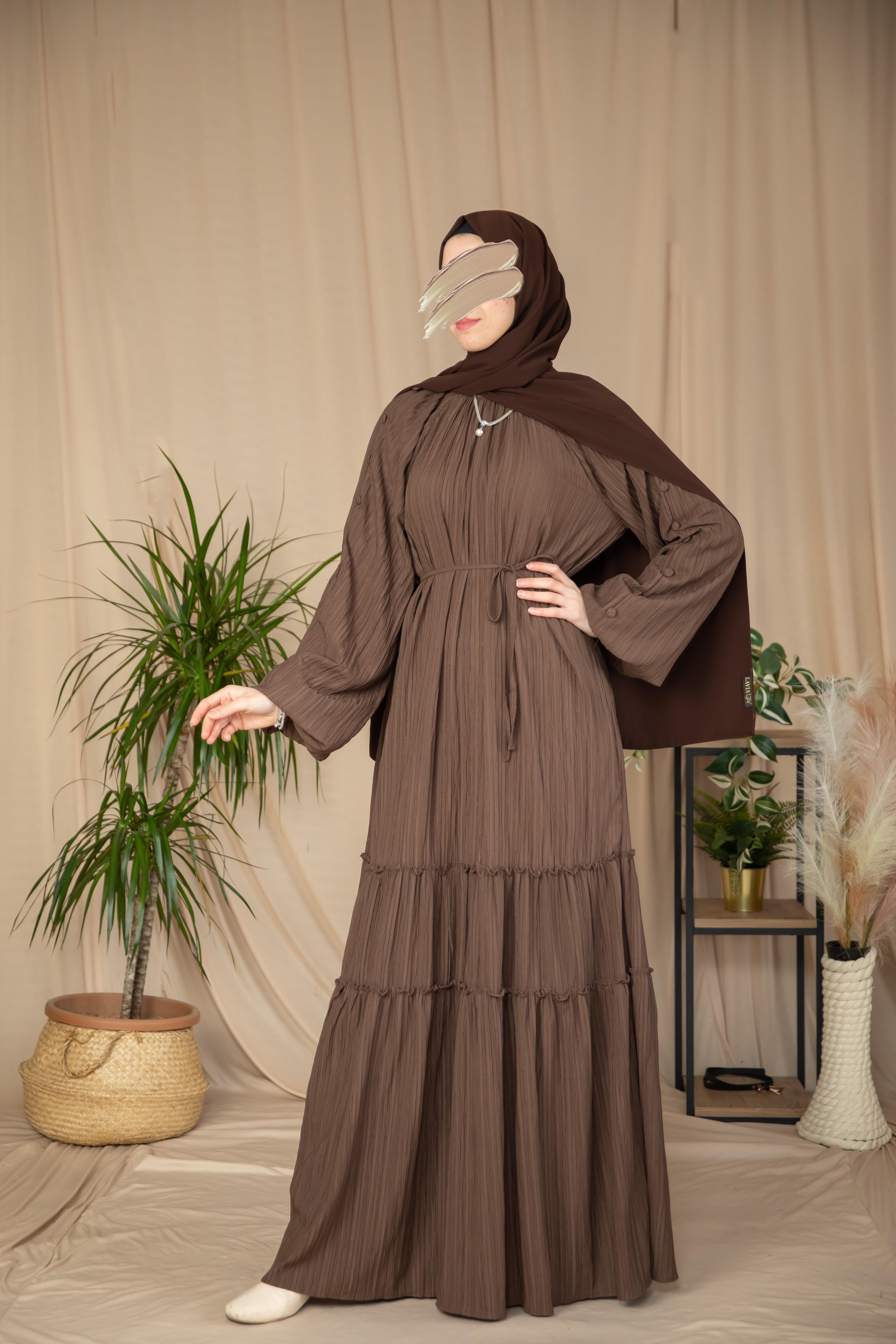 Acı Kahve Kolları Kaplama Düğmeli Elbise 5132