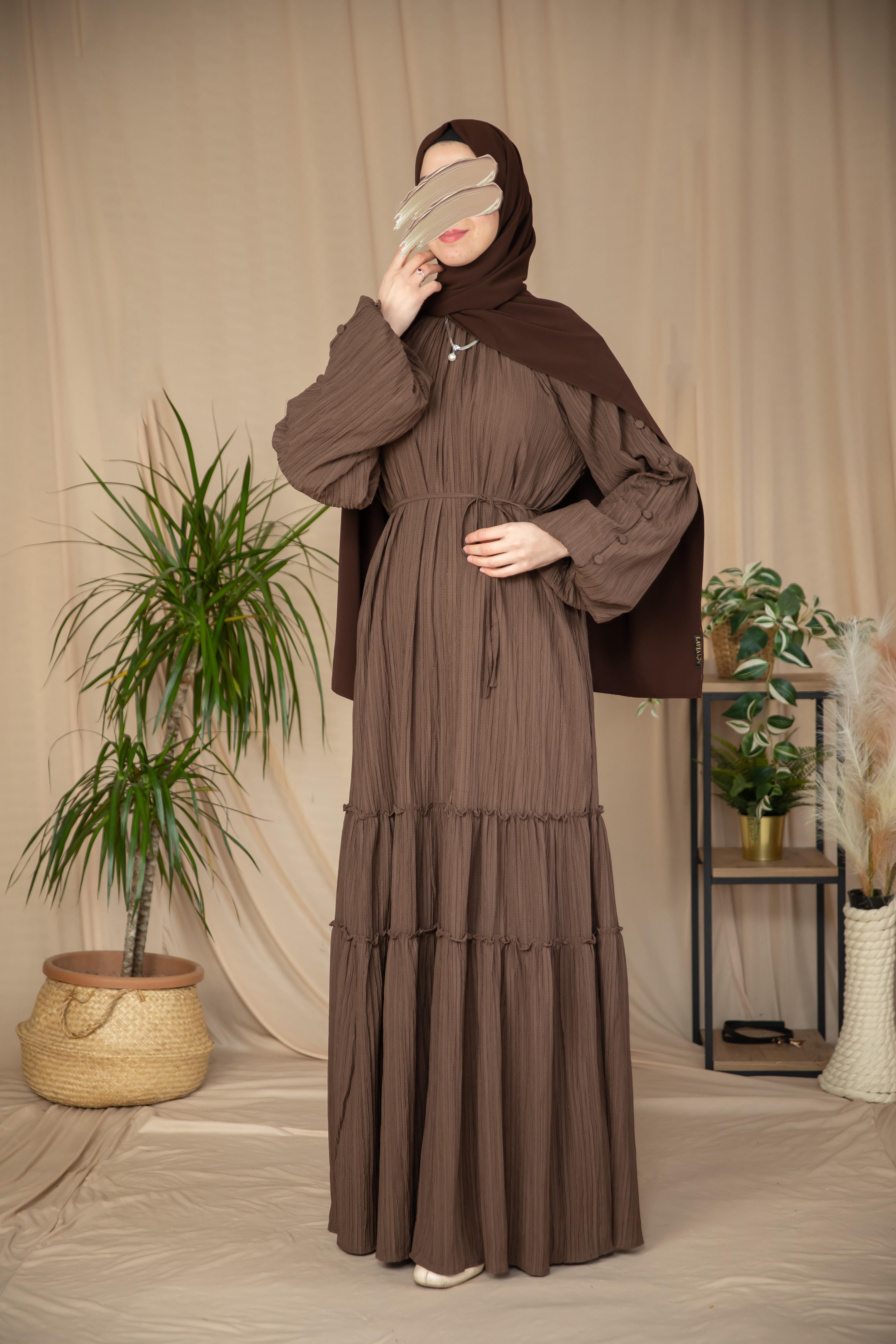 Acı Kahve Kolları Kaplama Düğmeli Elbise 5132