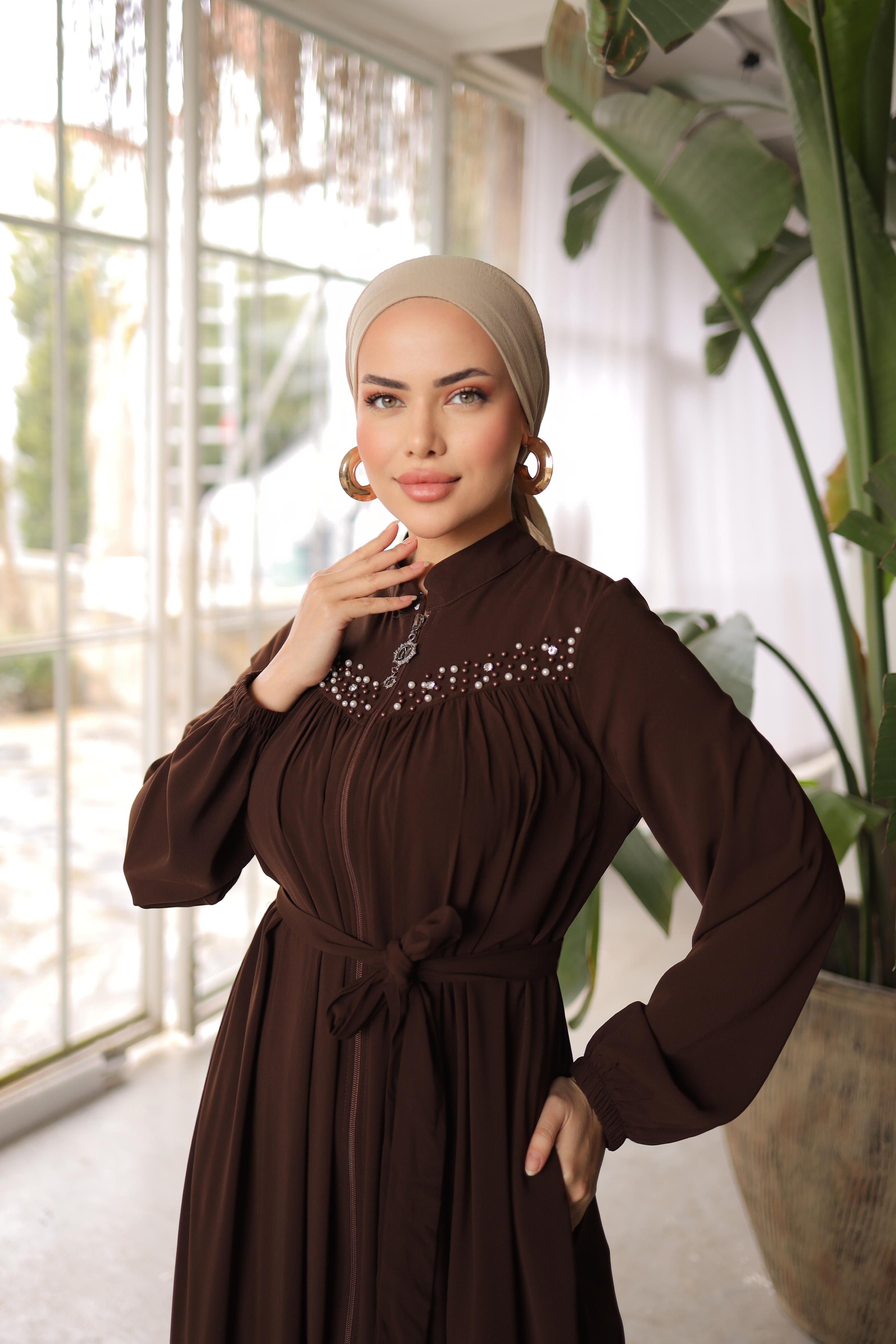 Acı Kahve Robalı Boncuklu Ferace 5016