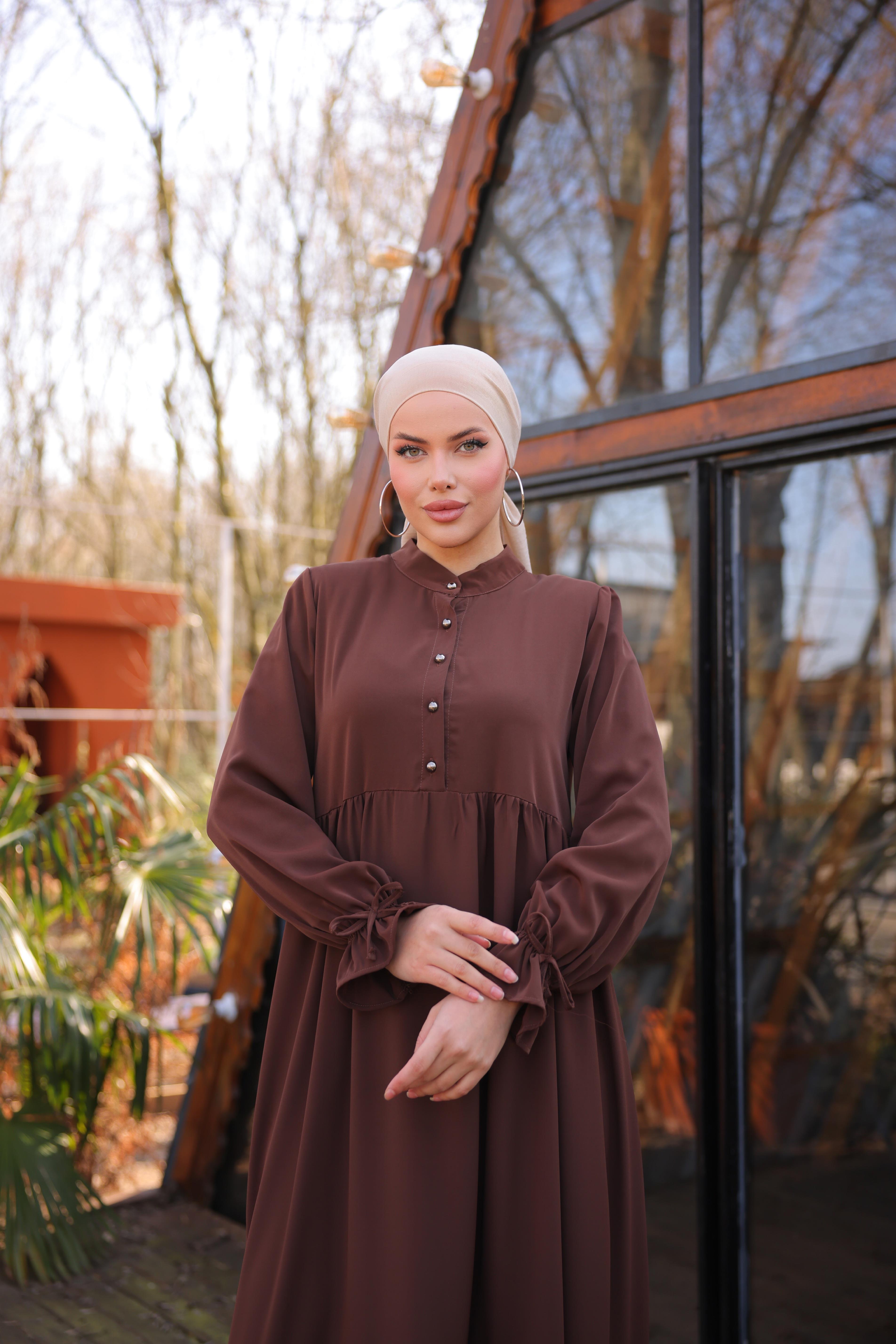 Acı Kahve Yarım Patlı 3 Katlı Tesettür Elbise 5078