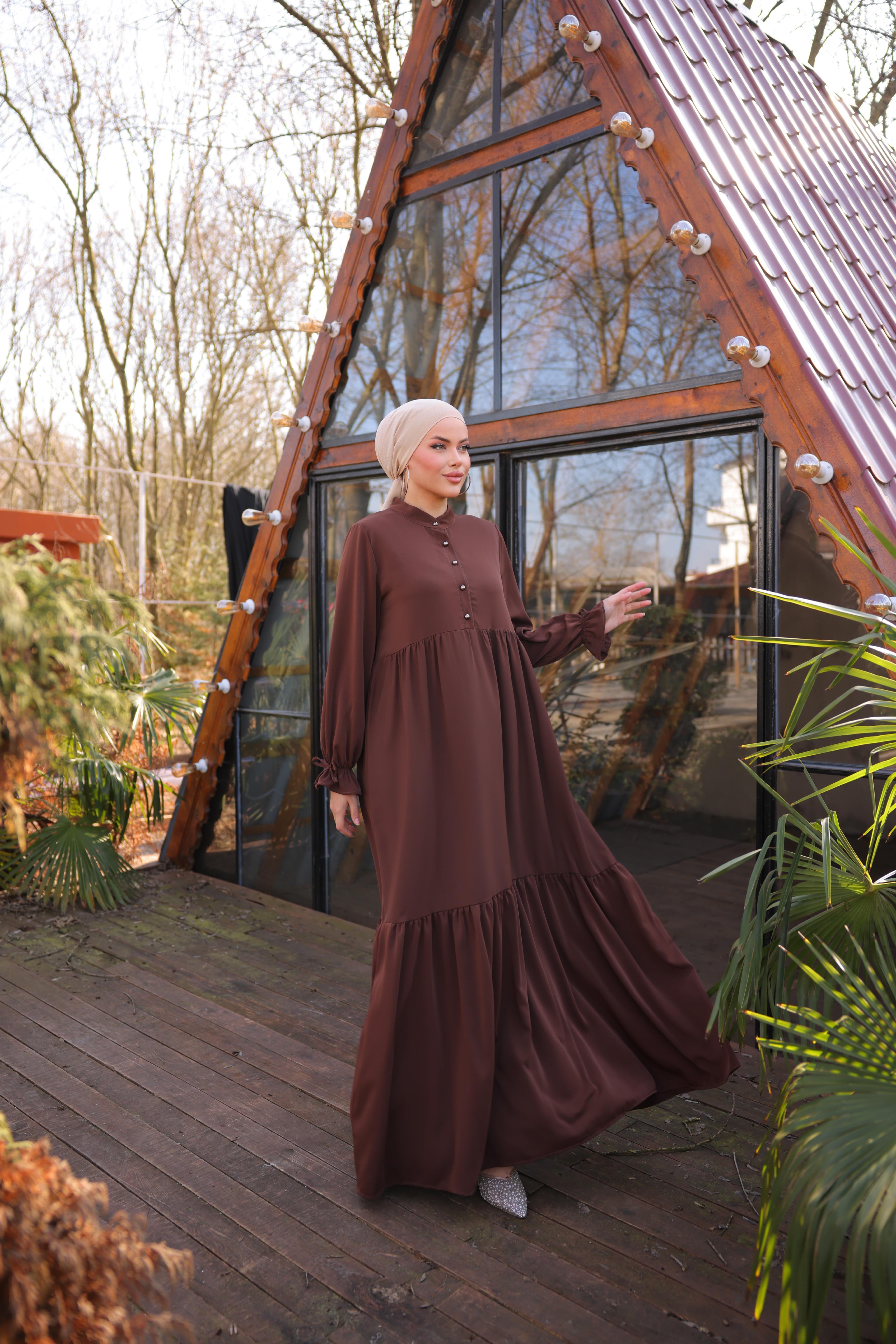 Acı Kahve Yarım Patlı 3 Katlı Tesettür Elbise 5078