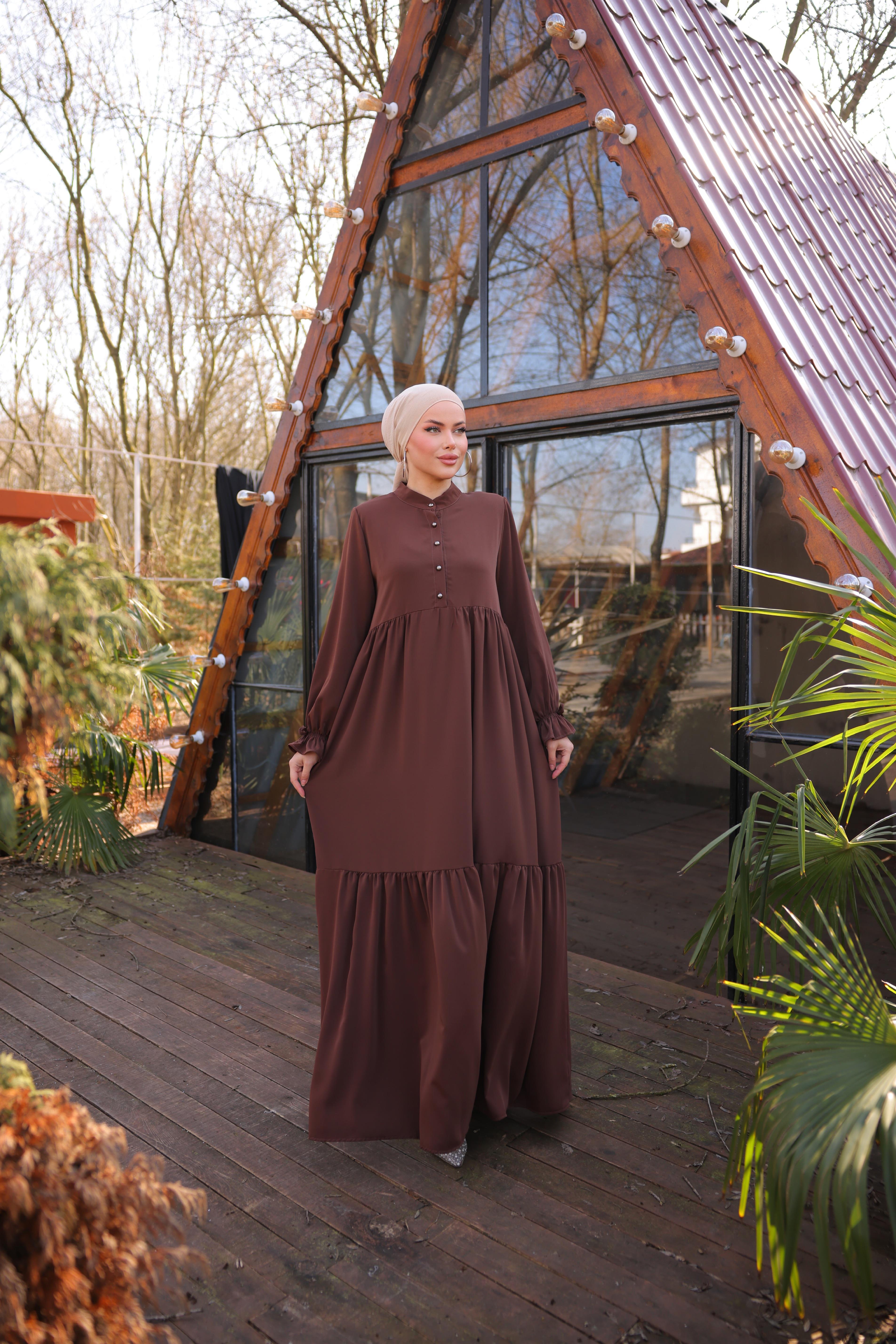 Acı Kahve Yarım Patlı 3 Katlı Tesettür Elbise 5078