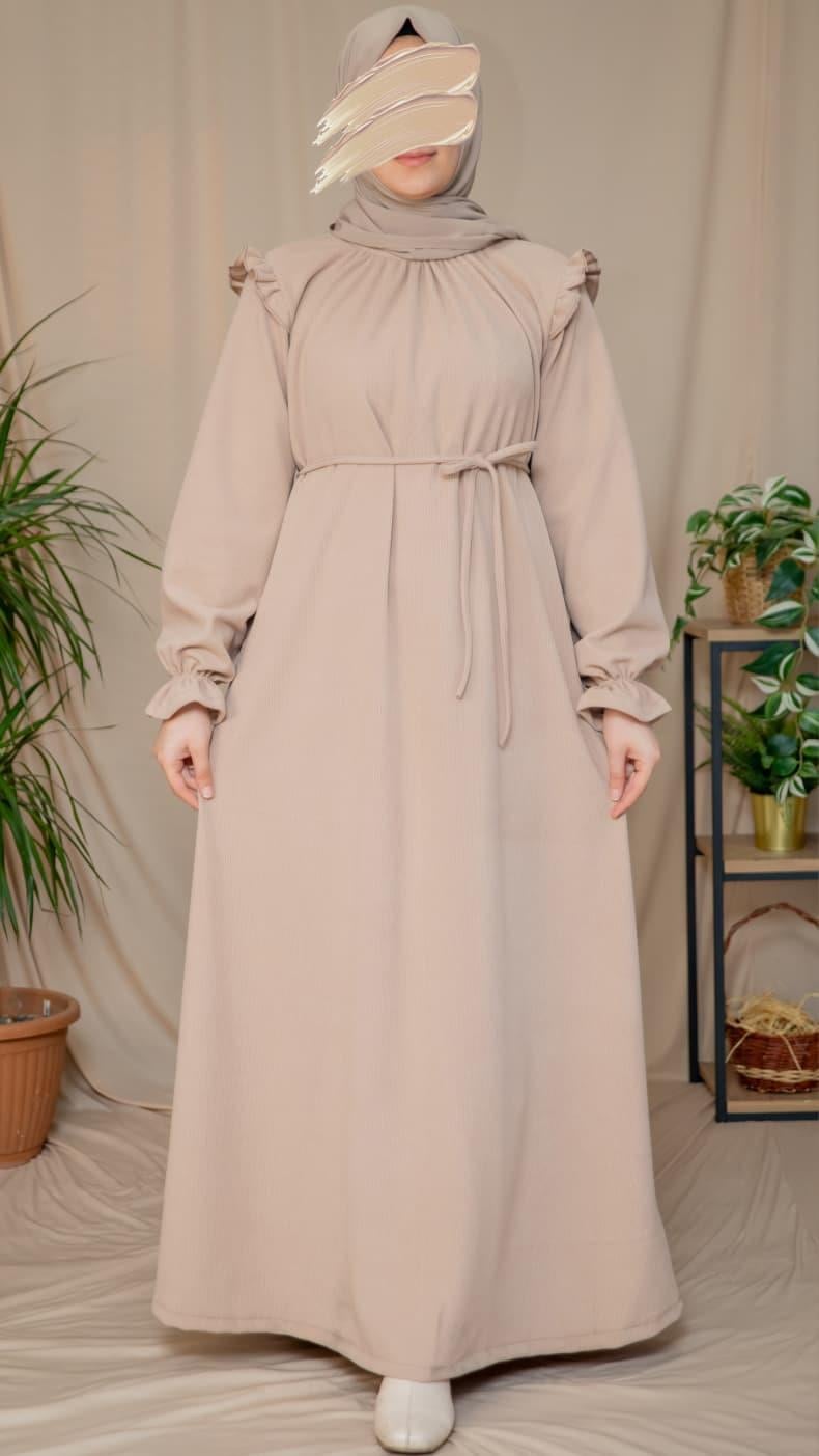 Bej Omuzdan Fırfırlı Elbise 5128