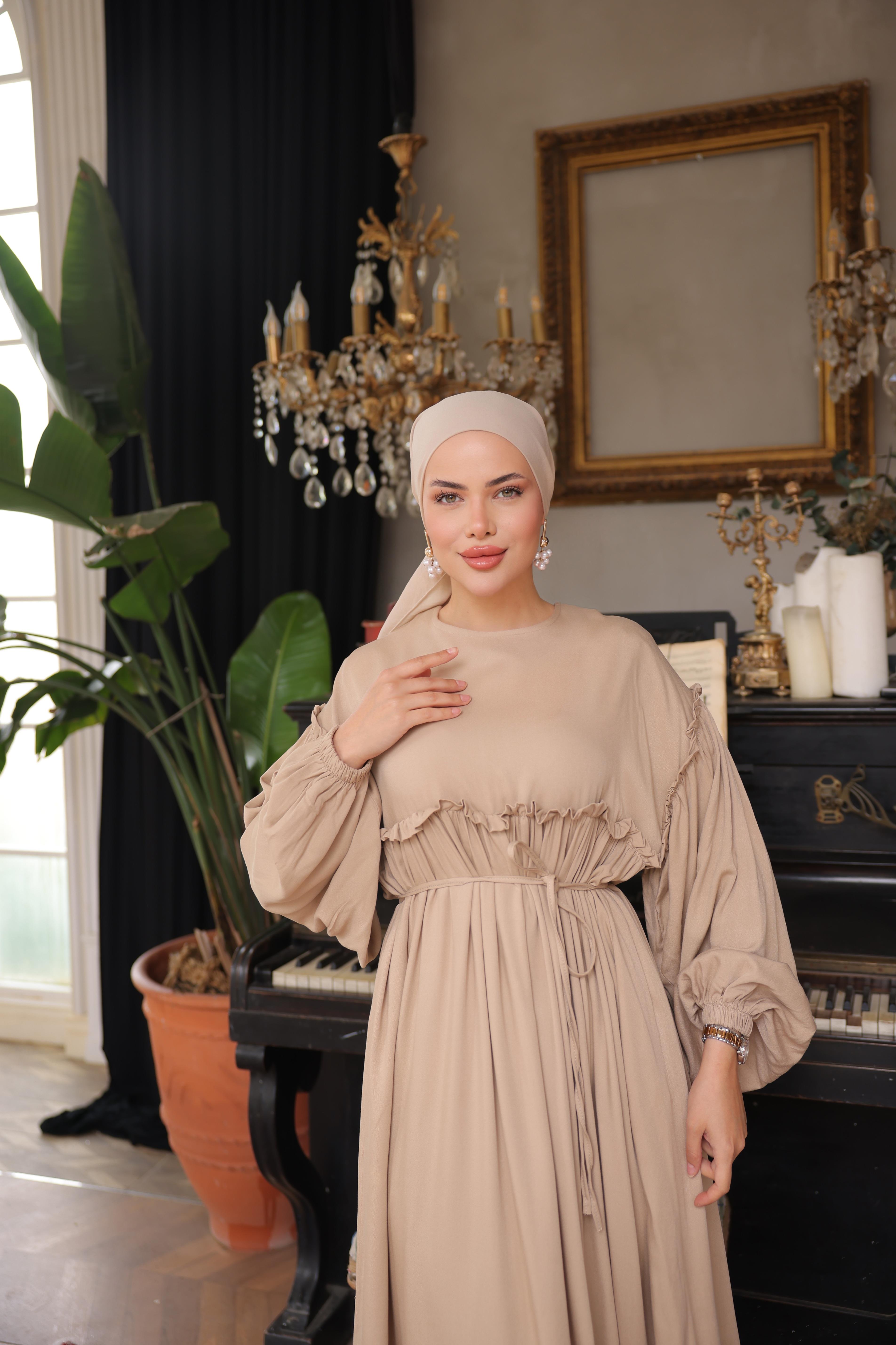 Bej Robalı Büzgülü Oversize Elbise 5093