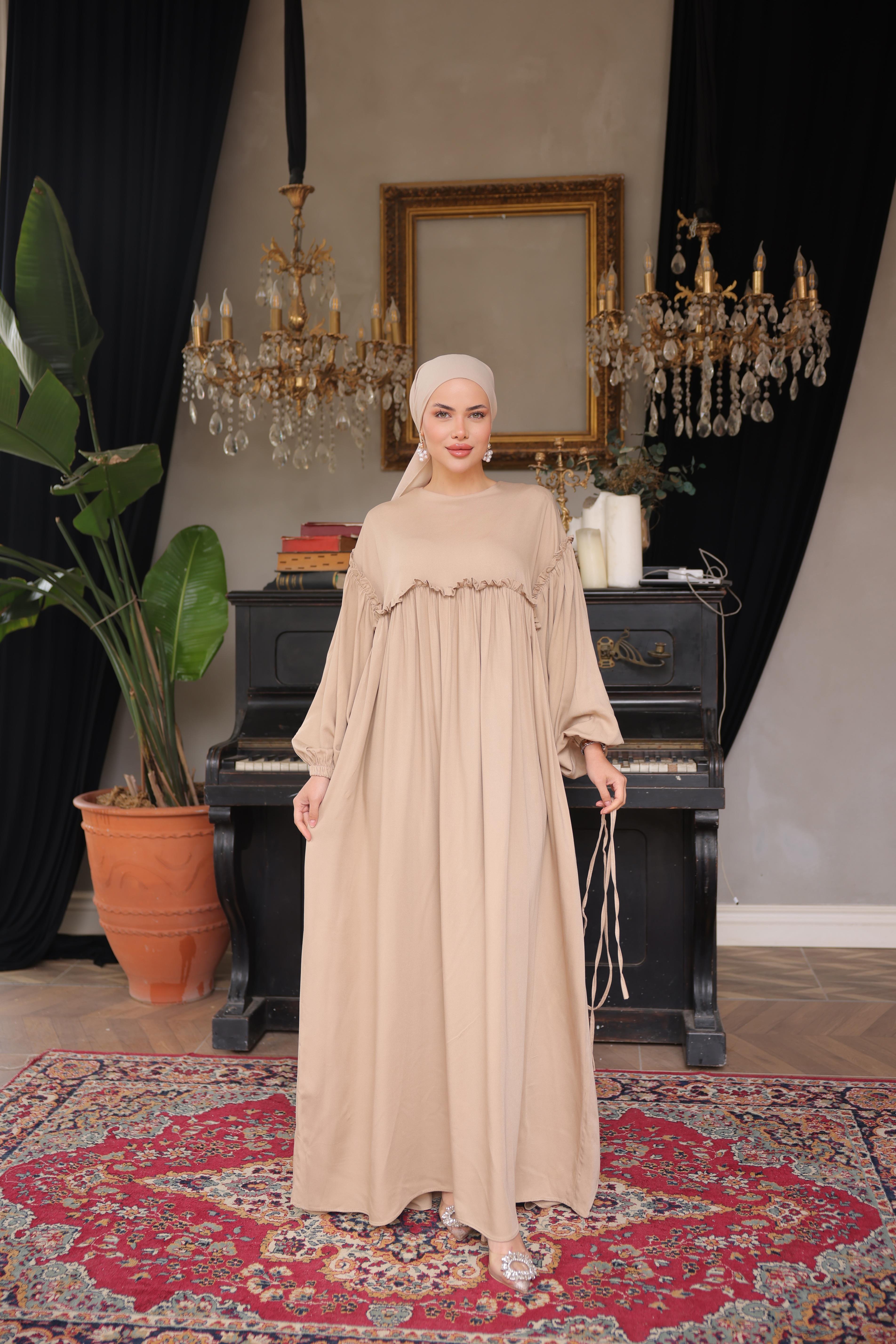 Bej Robalı Büzgülü Oversize Elbise 5093