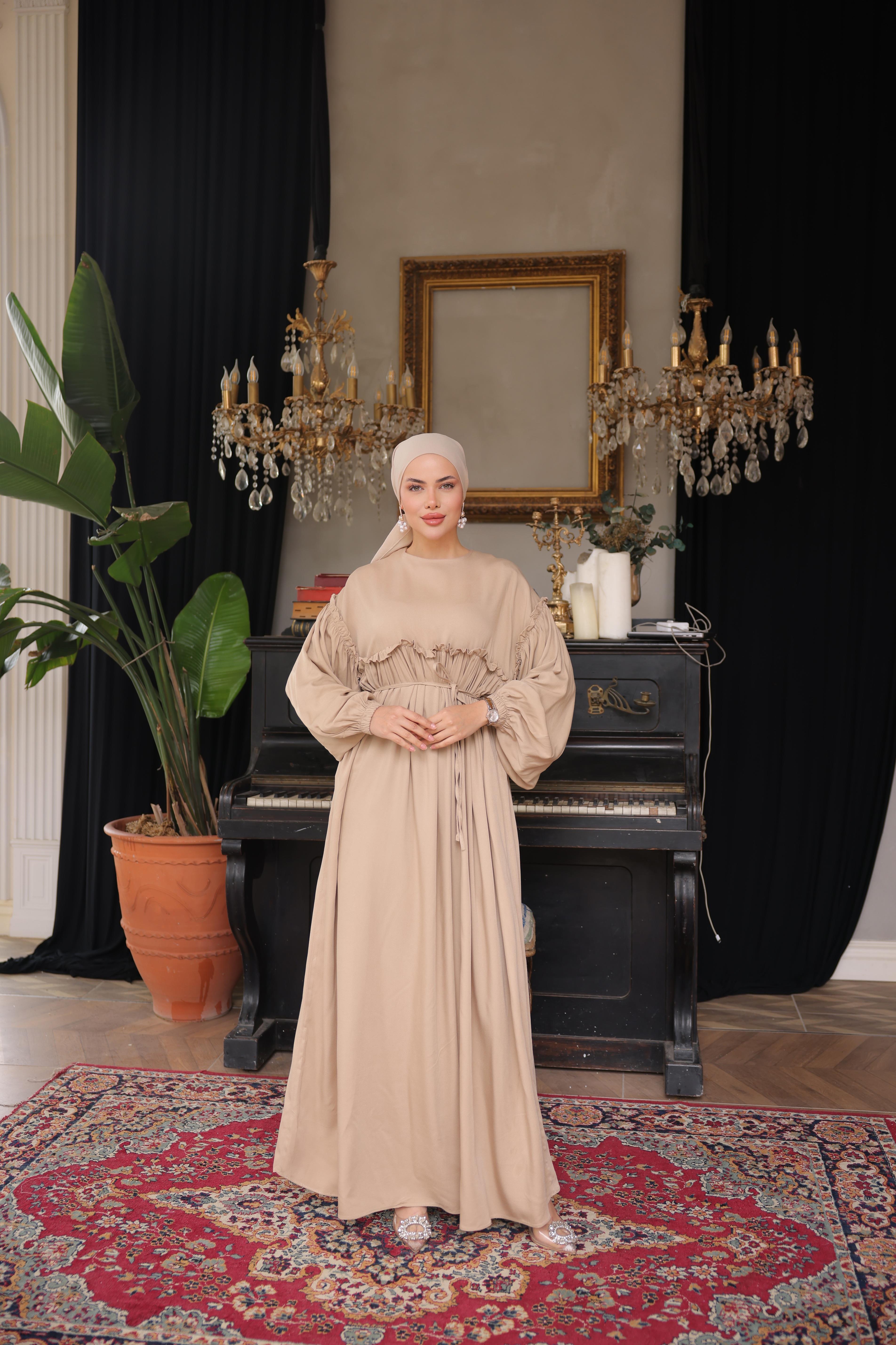 Bej Robalı Büzgülü Oversize Elbise 5093