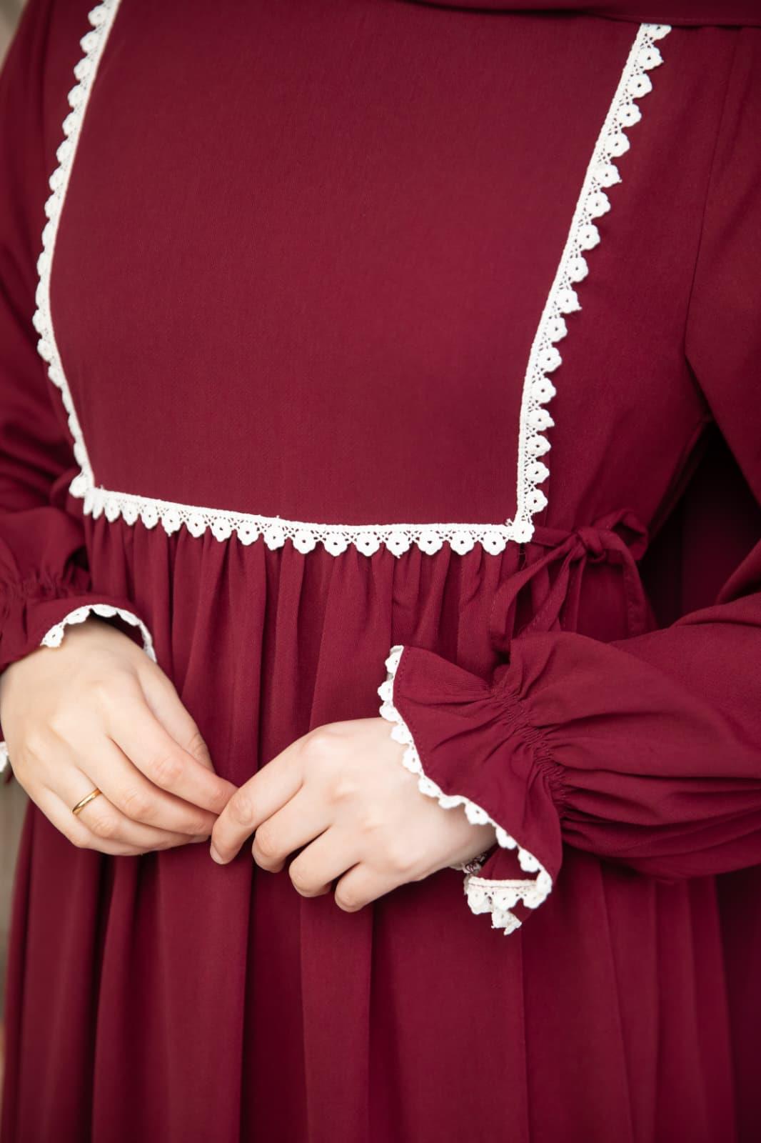 Bordo Dantel Detaylı Elbise 5126