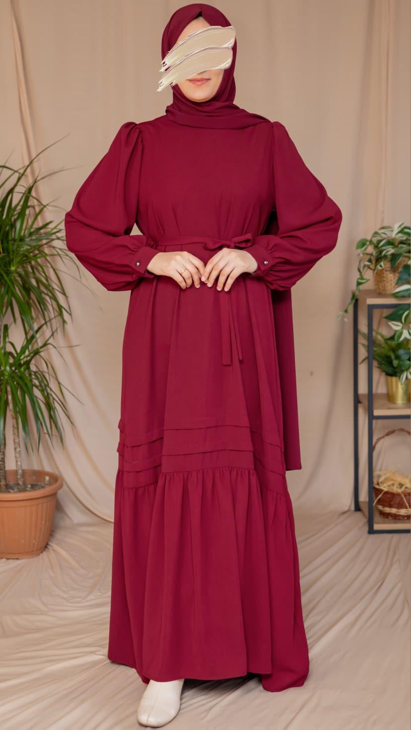 Bordo Eteği Nervürlü Elbise 5124