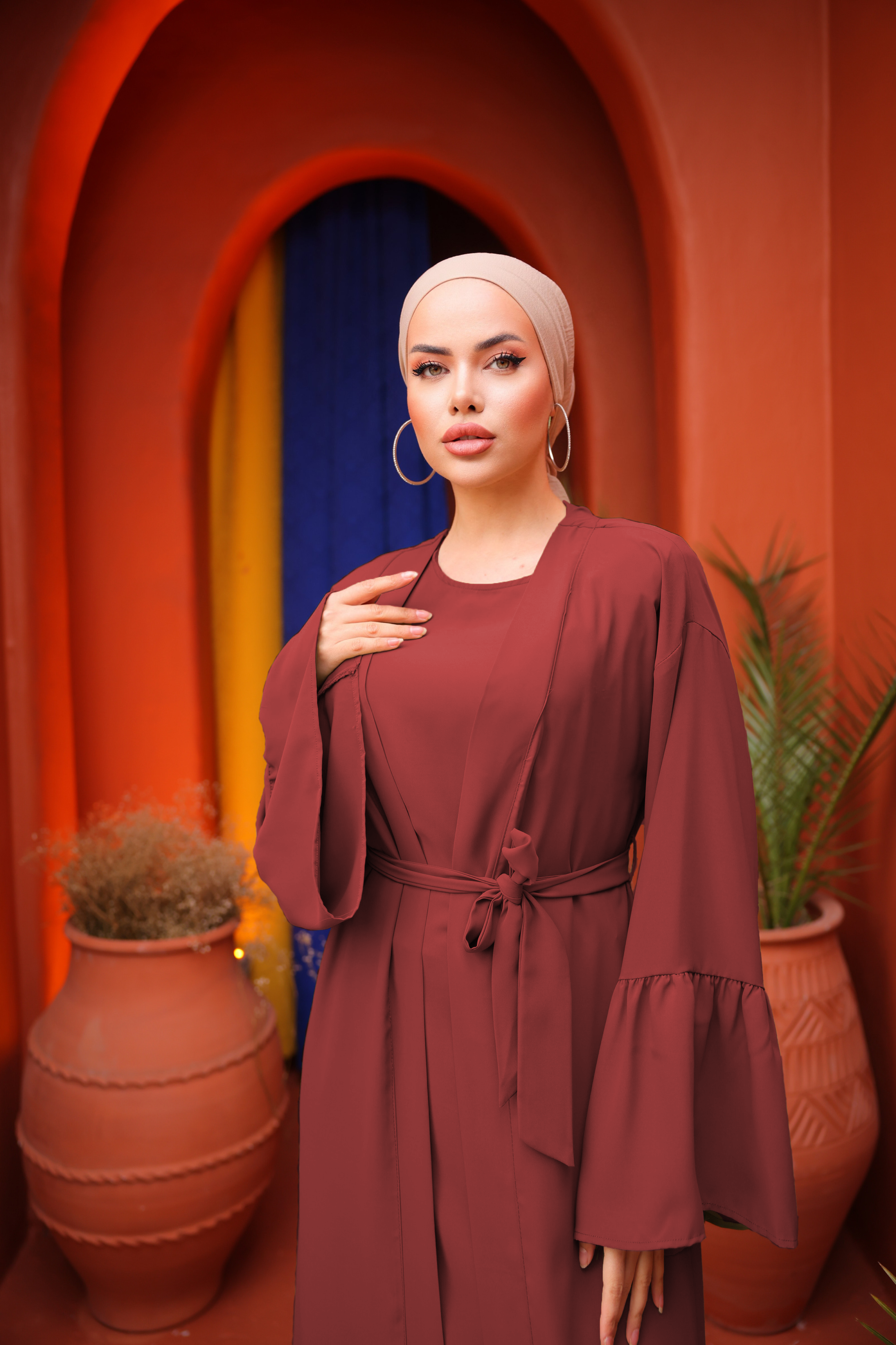 Bordo Fırfırlı İkili Takım Abaya 5038