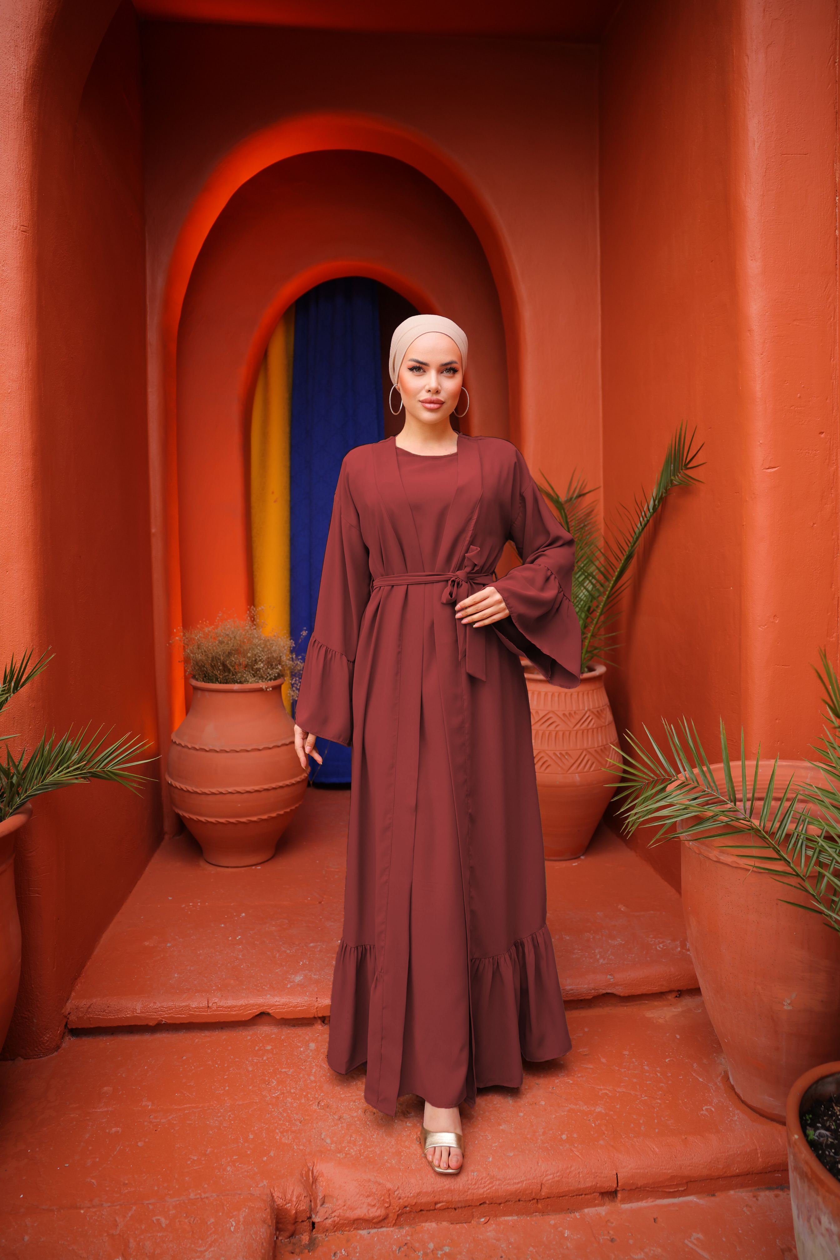 Bordo Fırfırlı İkili Takım Abaya 5038