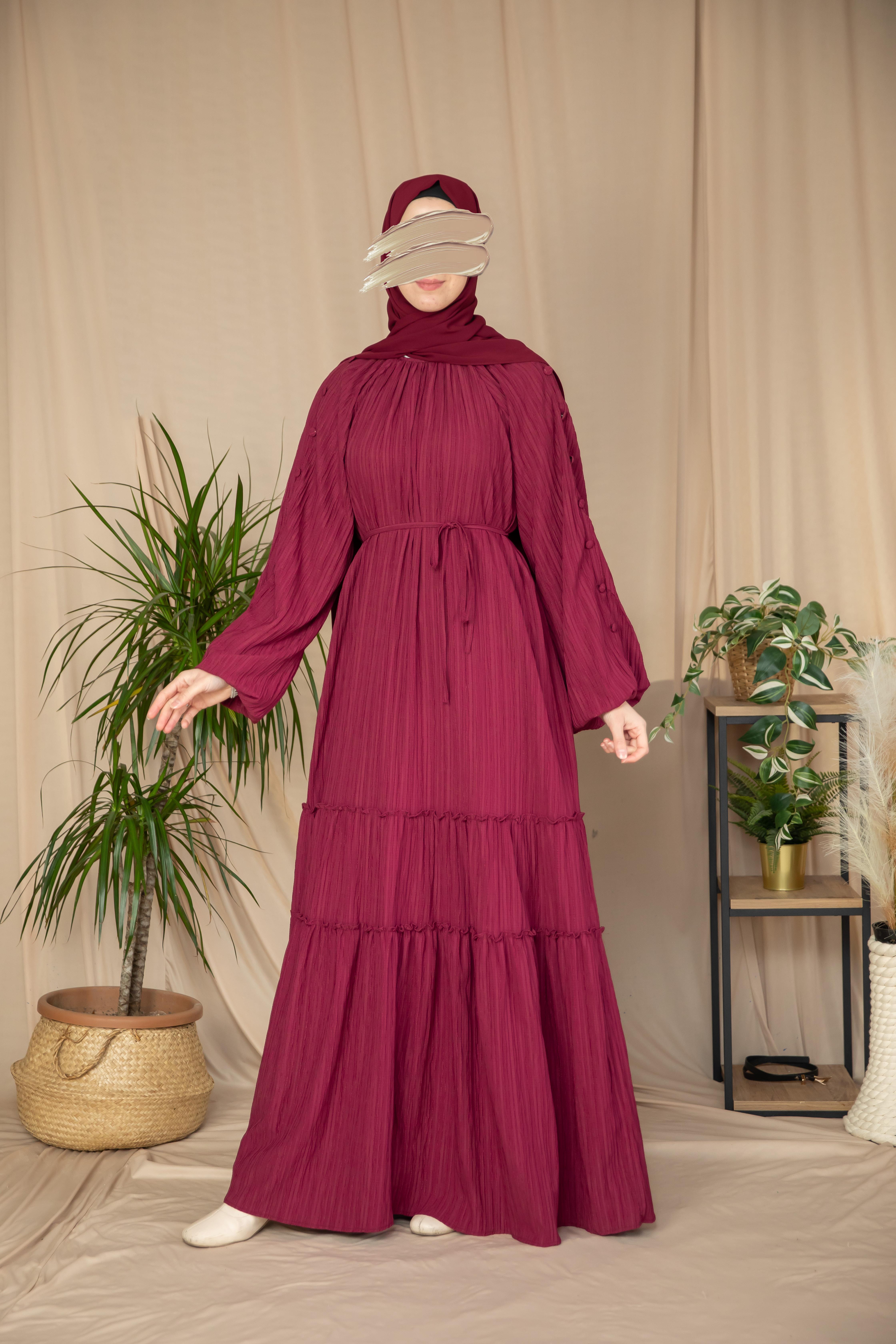Bordo Kolları Kaplama Düğmeli Elbise 5132