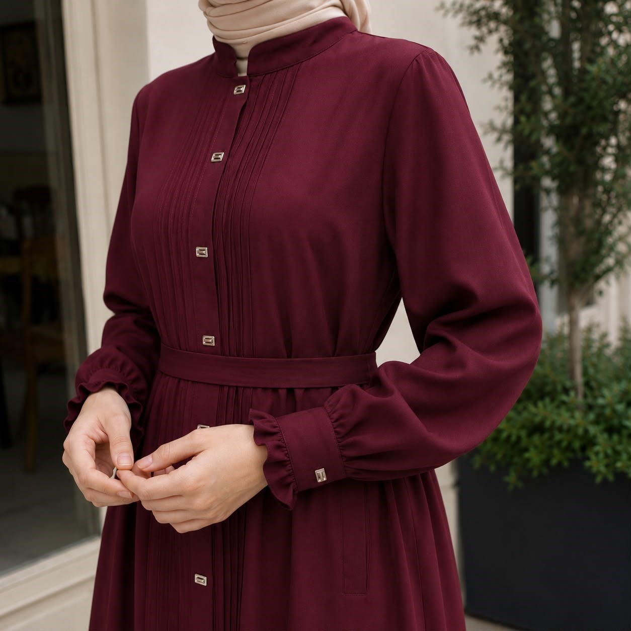 Bordo Nervürlü Çıtçıtlı Ferace 5153