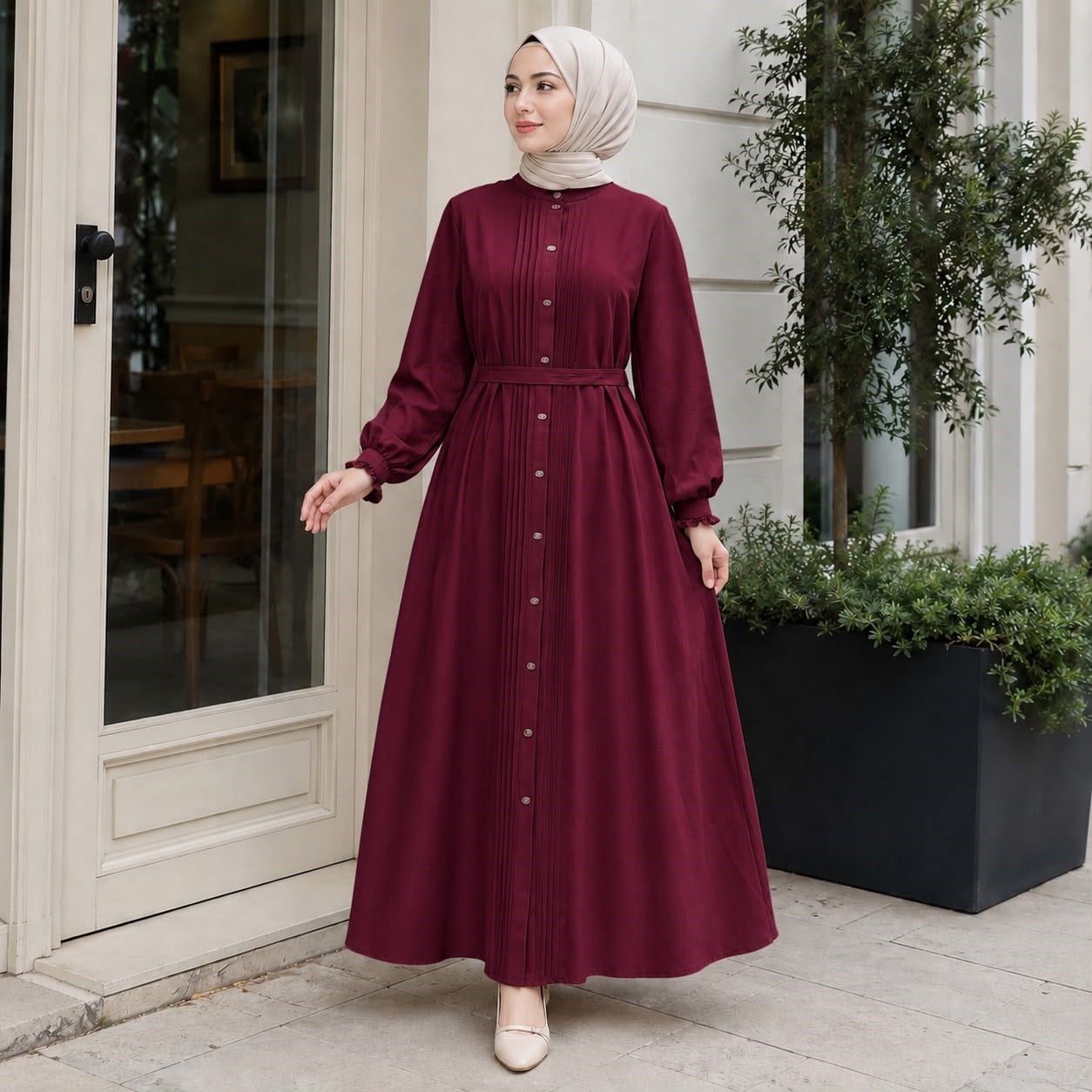 Bordo Nervürlü Çıtçıtlı Ferace 5153