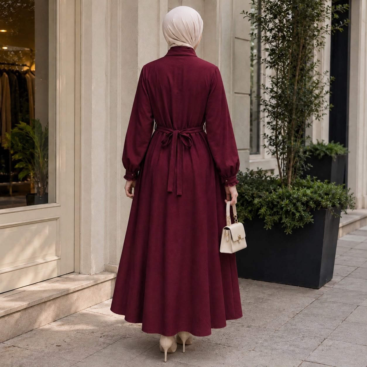 Bordo Nervürlü Çıtçıtlı Ferace 5153