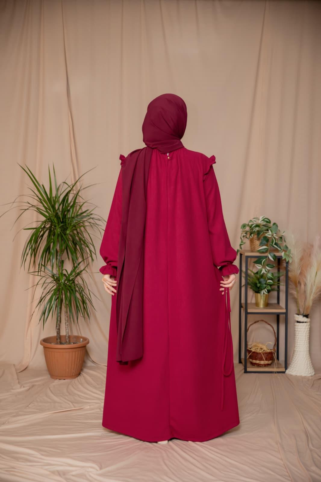 Bordo Omuzdan Fırfırlı Elbise 5128