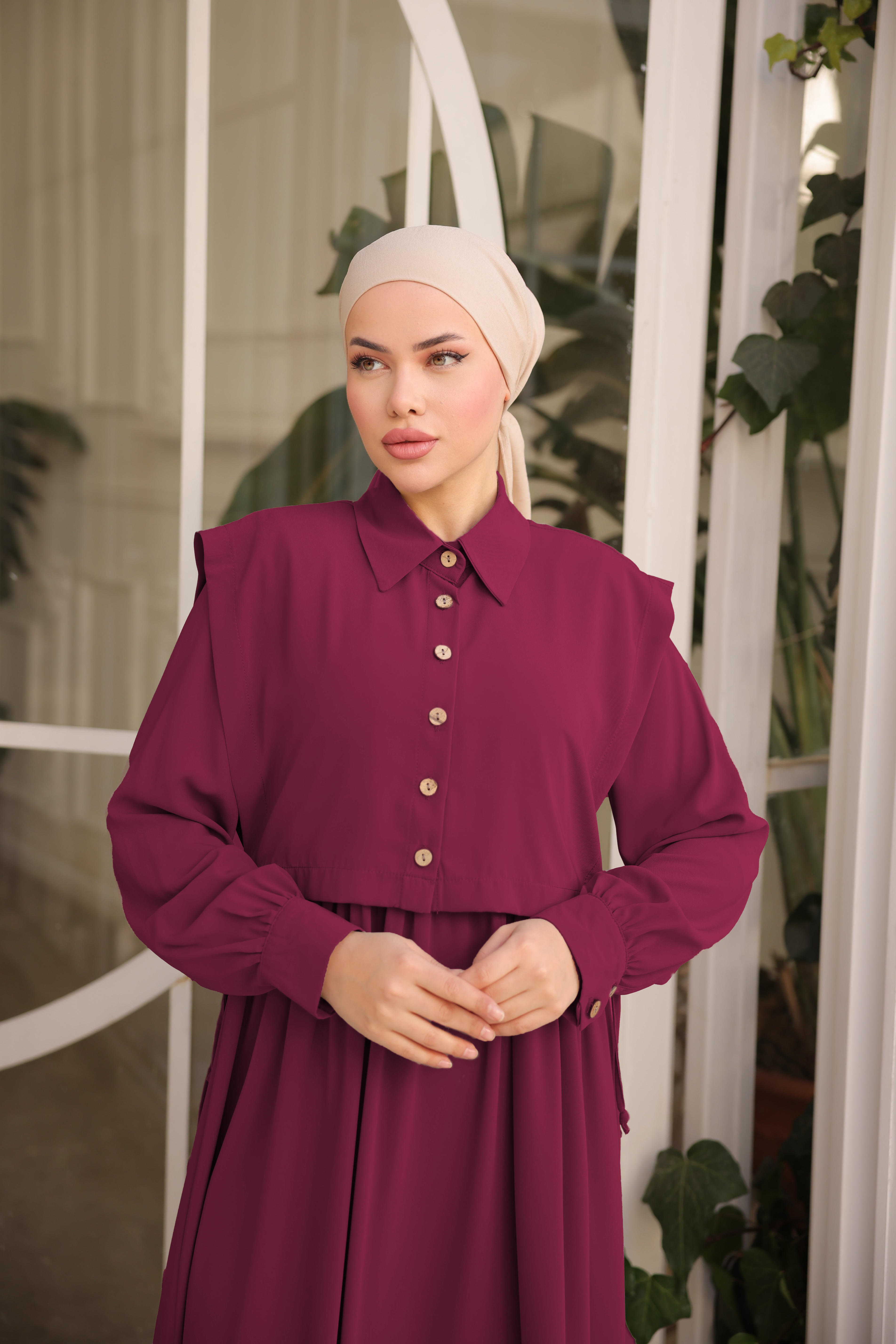Bordo Önlüklü Medine İpeği Elbise 5065
