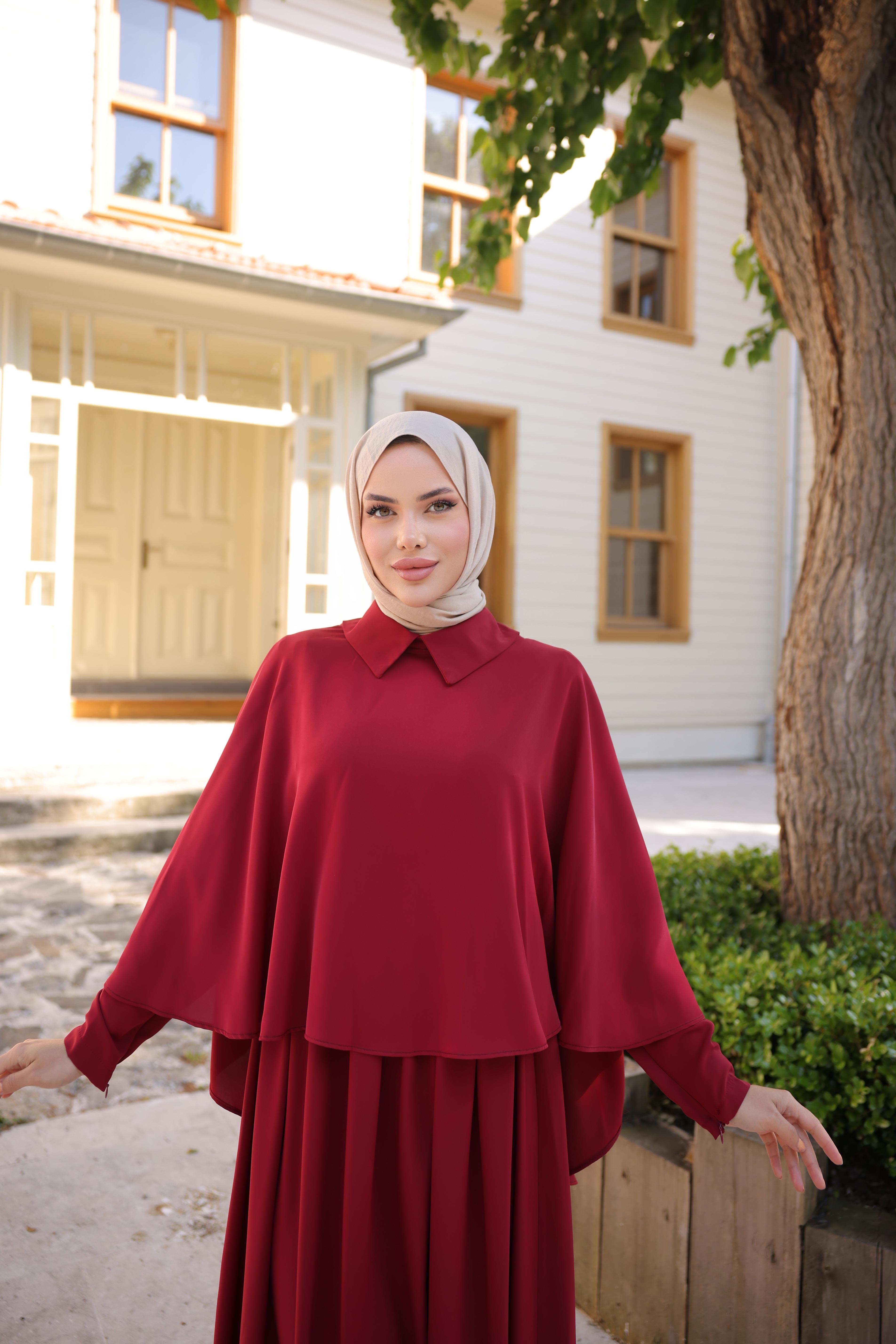 Bordo Pelerinli Elbise 5084